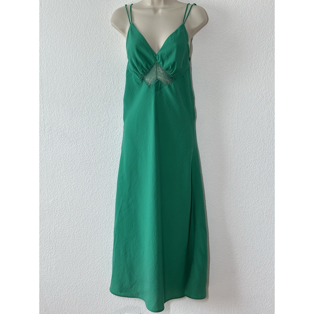 MNG Womens Green Maxi Slip Dress Lingerie Satin Lace Size 2 Y2K Coquette‎ Dainty